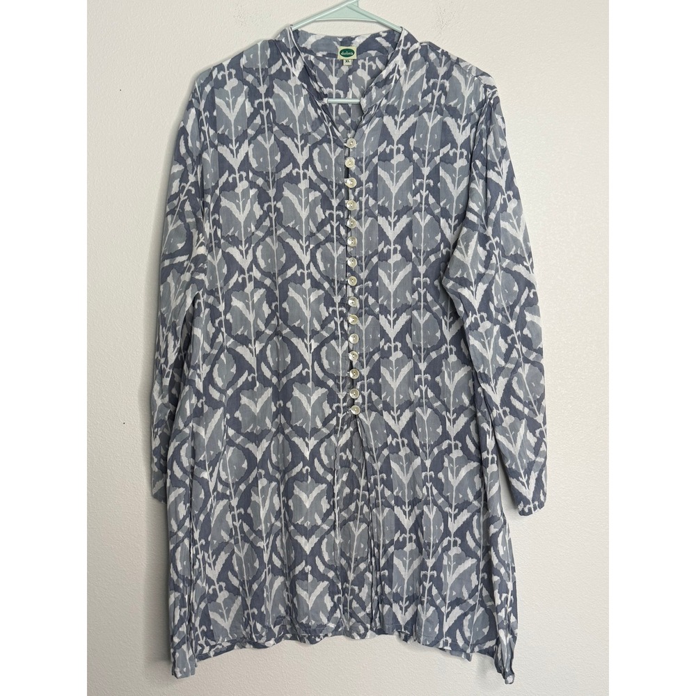 Dolma Women XL Blue White Ikat Print Cotton Tunic Button Down Long Sleeve Top